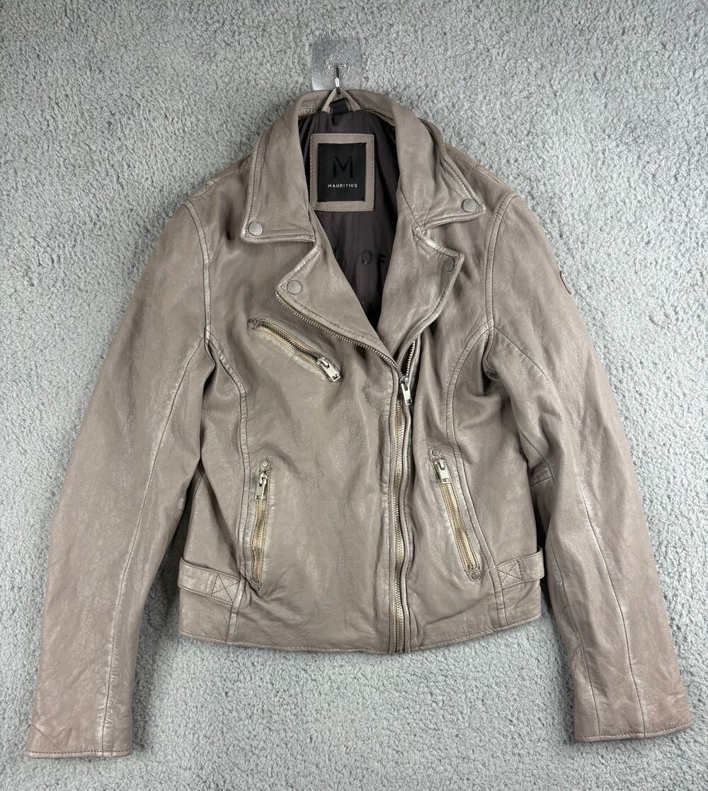Mauritius Leather Moto Asymmetrical Jacket Women's Medium Taupe Regular Fit